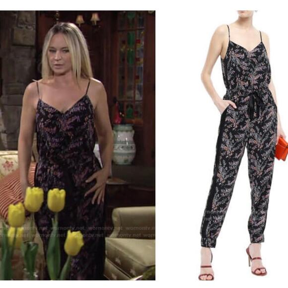 Cinq A Sept Amia Silk Jumpsuit Floral Print Elastic Waist Black Size Medium - Picture 2 of 8